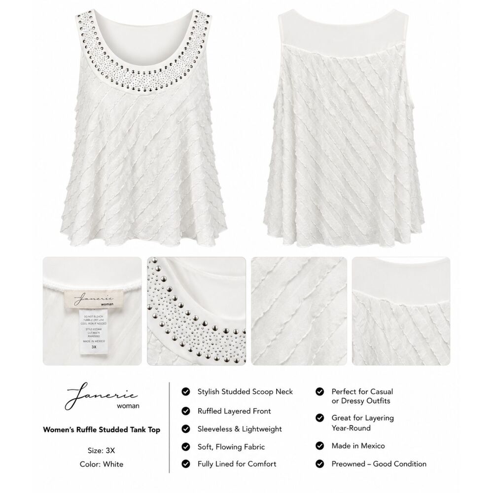 Janeric Woman White Embellished Sleeveless Top Size 3X Ruffle Texture